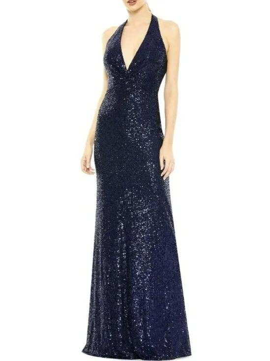 Mac Duggal Navy Sequins Halter Backless Maxi Formal Gown Dress Size 6 NEW - Picture 2 of 9